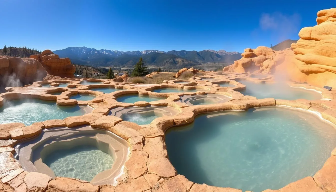 Panoramic-view-of-Travertine-Hot-Springs-with-Sierra-Nevada-mountains-in-the-background Panoramic view of Travertine Hot Springs with Sierra Nevada mountains in the background