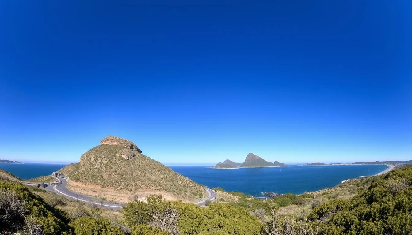 Panoramic view of Turtle Rock with Morro Bay and Morro Rock visible in the background on a clear sunny day