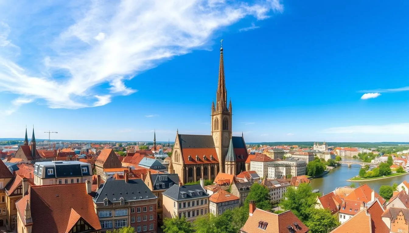 Panoramic-view-of-Ulms-skyline-with-the-Ulm-Minster-dominating-the-cityscape-on-a-clear-sunny- Panoramic view of Ulm's skyline with the Ulm Minster dominating the cityscape on a clear sunny day
