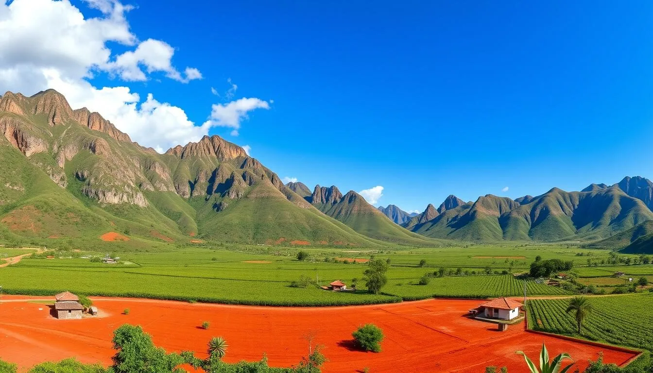 Panoramic view of Vinales Valley showing the distinctive mogotes (limestone hills) rising from the lush green tobacco fields on a sunny day