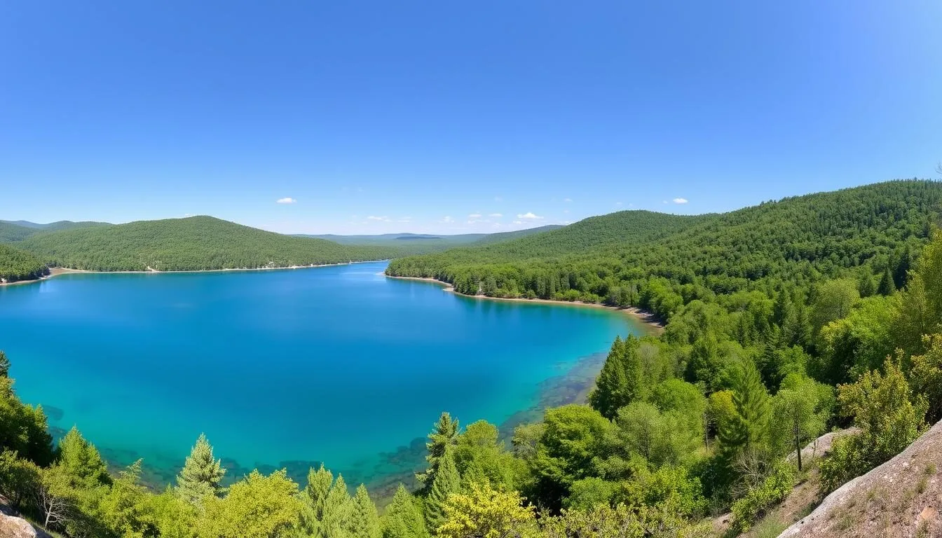 Panoramic view of Walker Lake Pennsylvania on a clear sunny day showing the pristine waters surrounded by lush green forests