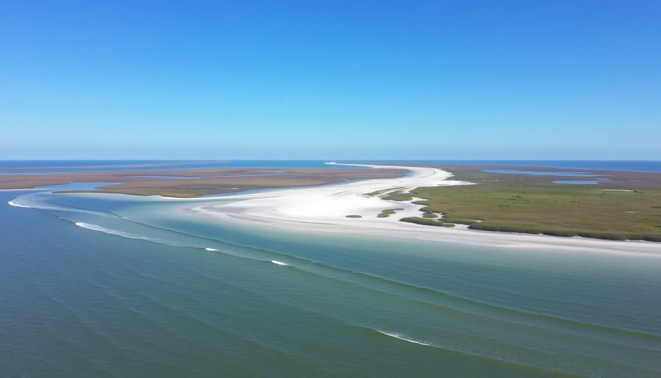 Panoramic view of West Timbalier Island Louisiana showing the barrier island's beaches and marshland