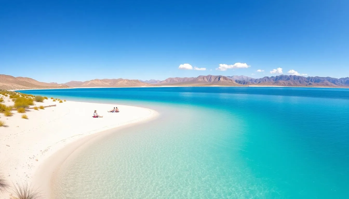 Panoramic view of Windsor Beach at Lake Havasu State Park with crystal clear blue water against desert mountains