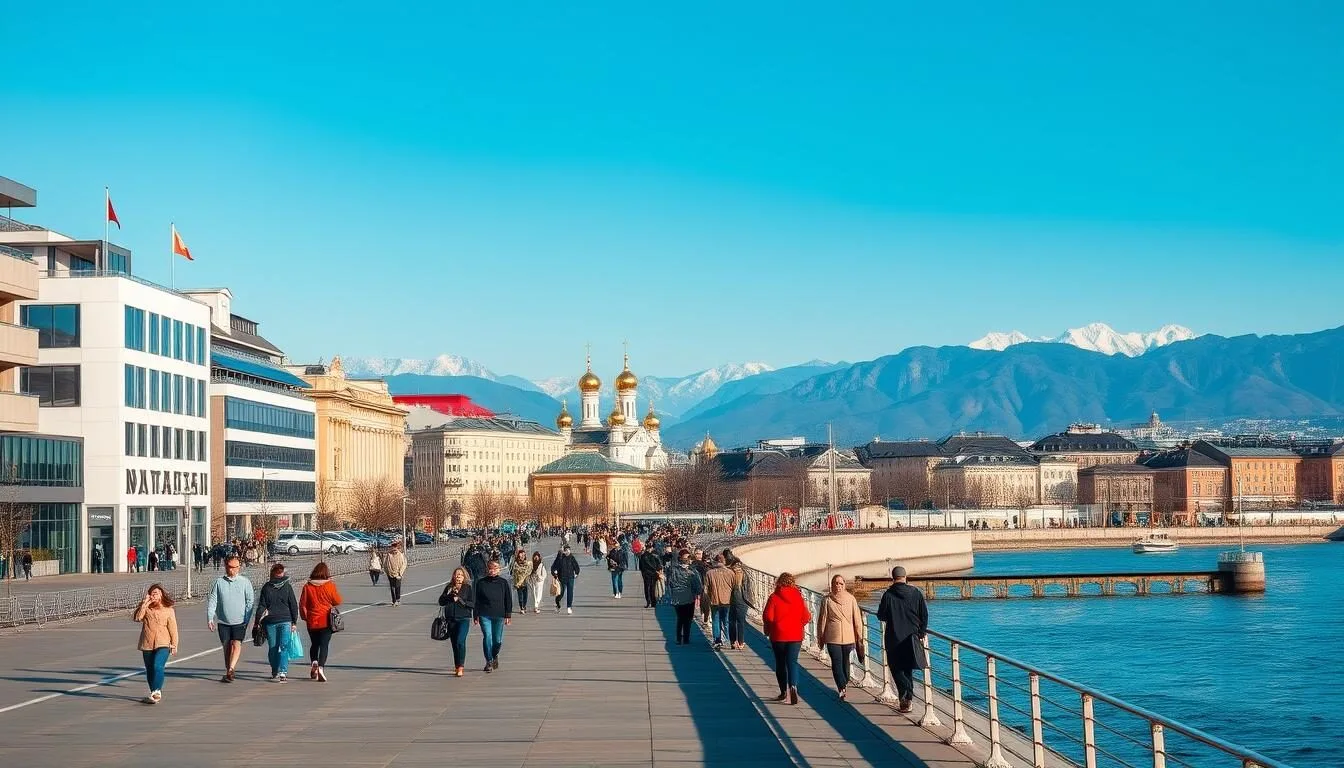 Panoramic view of Yekaterinburg city center with the Church on Blood visible against the Ural Mountain backdrop