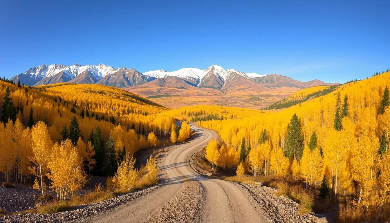 Panoramic-view-of-the-Flat-Tops-Trail-Scenic-Byway-winding-through-colorful-aspen-forests-with- Panoramic view of the Flat Tops Trail Scenic Byway winding through colorful aspen forests with mountain views in the background