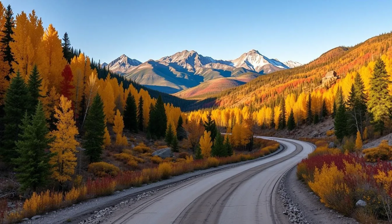 Panoramic-view-of-the-Gold-Belt-Tour-Backcountry-Roads-winding-through-Colorado-mountains-with- Panoramic view of the Gold Belt Tour Backcountry Roads winding through Colorado mountains with colorful autumn foliage