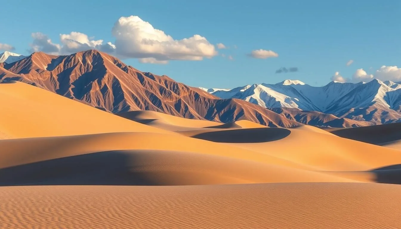 Panoramic view of the Great Sand Dunes with Sangre de Cristo Mountains in the background on a clear day