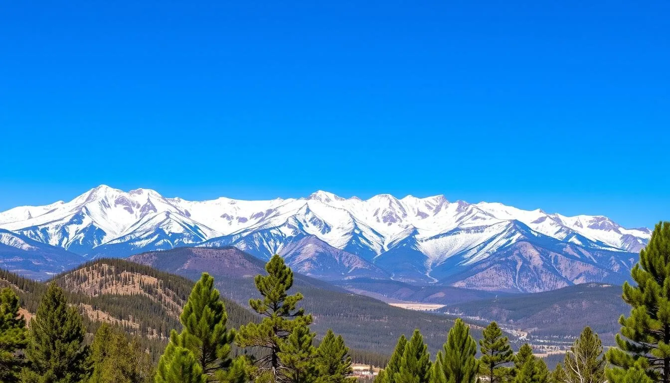 Panoramic view of the Sangre de Cristo Mountains in New Mexico with snow-capped peaks against a blue sky