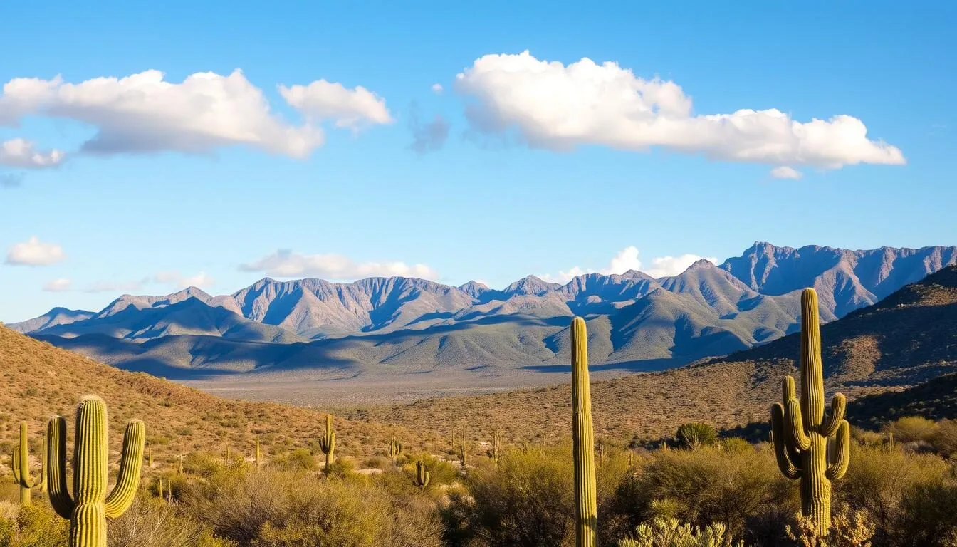Panoramic-view-of-the-Santa-Rita-Mountains-in-Arizona-showing-the-transition-from-desert-to Panoramic view of the Santa Rita Mountains in Arizona showing the transition from desert to forested peaks