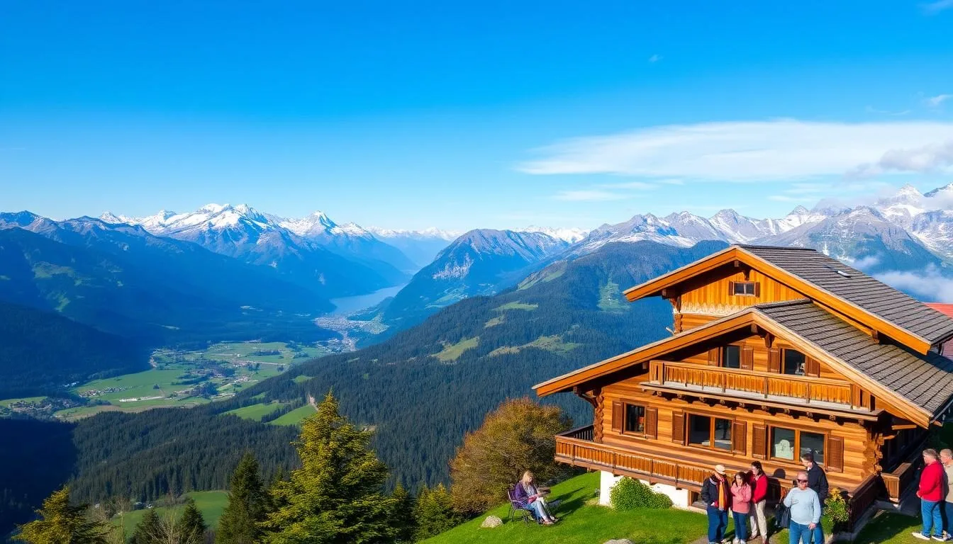 Panoramic view of the Swiss Alps with a traditional Swiss chalet in the foreground and snow-capped mountains in the background