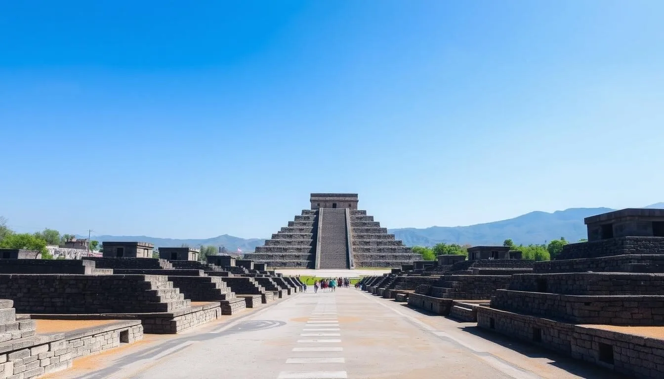 Panoramic view of the Teotihuacan archaeological site showing the Avenue of the Dead with the Pyramid of the Sun in the background