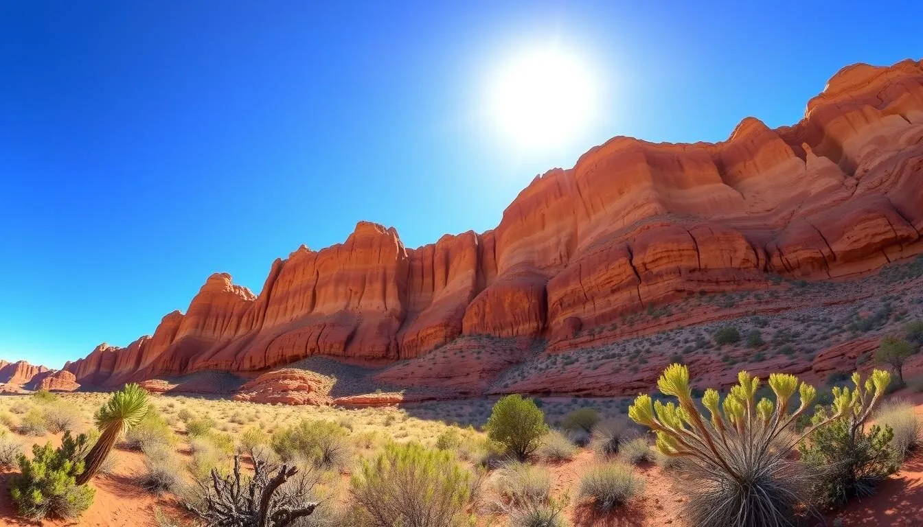 Panoramic-view-of-the-vibrant-red-Vermilion-Cliffs-against-a-clear-blue-sky-in-Arizona Panoramic view of the vibrant red Vermilion Cliffs against a clear blue sky in Arizona
