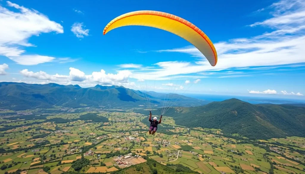 Paragliding over Constanza valley with mountain views and agricultural fields below
