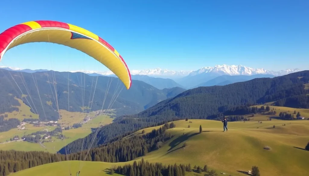 Paragliding over Khajjiar meadows with mountain views