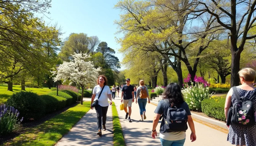 Park an der Ilm in Weimar during spring with blooming flowers and visitors enjoying the scenery