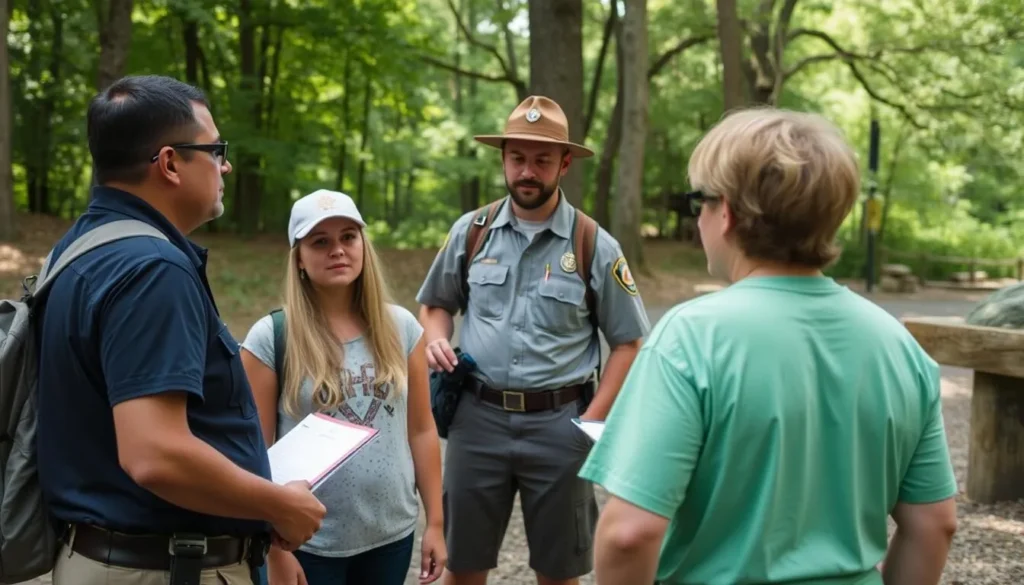 Park ranger speaking with visitors at Tyler State Park Pennsylvania providing safety information Park ranger speaking with visitors at Tyler State Park Pennsylvania providing safety information