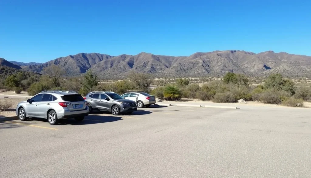 Parking area at Wildwood Canyon trailhead with mountains in the background Parking area at Wildwood Canyon trailhead with mountains in the background