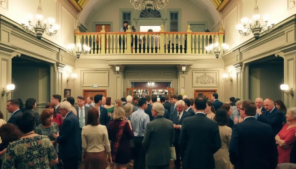 Patrons enjoying the lobby of the Woodland Opera House before a performance