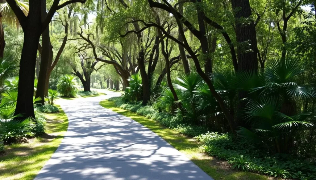 Paved pathway through Palmetto Island State Park Louisiana with palmetto plants and cypress trees Paved pathway through Palmetto Island State Park Louisiana with palmetto plants and cypress trees