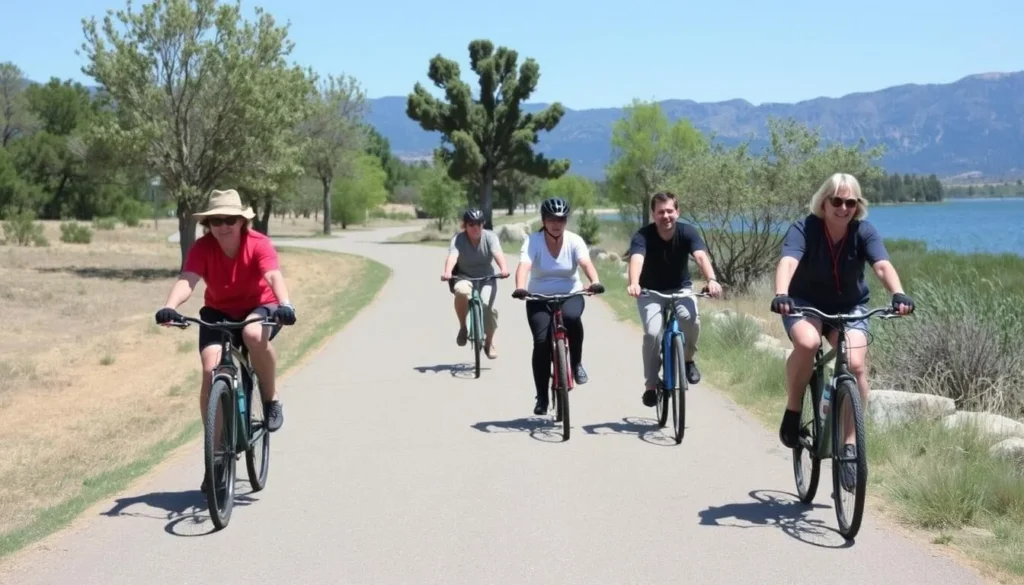 Paved trail at Boyd Lake State Park with cyclists and pedestrians