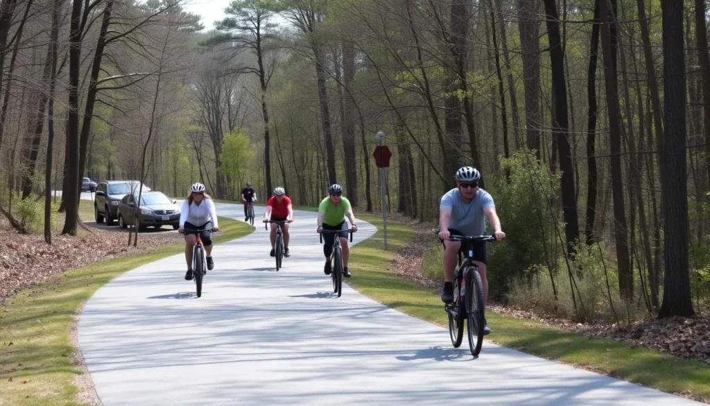 Paved trail winding through Tyler State Park Pennsylvania with cyclists enjoying the path Paved trail winding through Tyler State Park Pennsylvania with cyclists enjoying the path