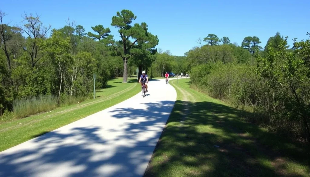 Paved walking path through Sam Houston Jones State Park with cyclists enjoying the trail
