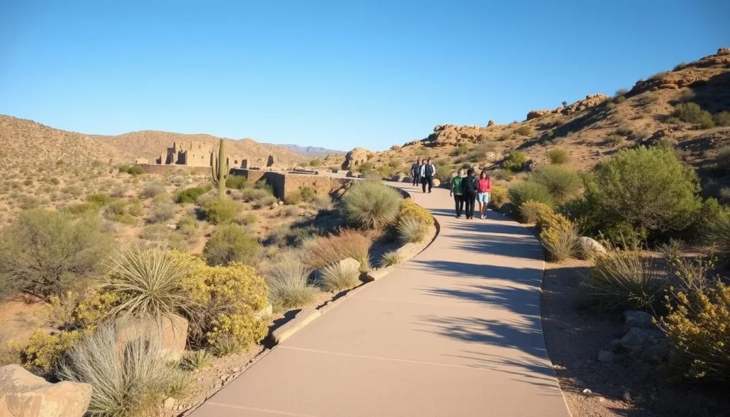 Paved walking trail around Tuzigoot National Monument Arizona with interpretive signs
