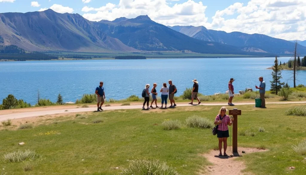 Peaceful lakeside scene at Grand Lake showing proper outdoor etiquette Peaceful lakeside scene at Grand Lake showing proper outdoor etiquette