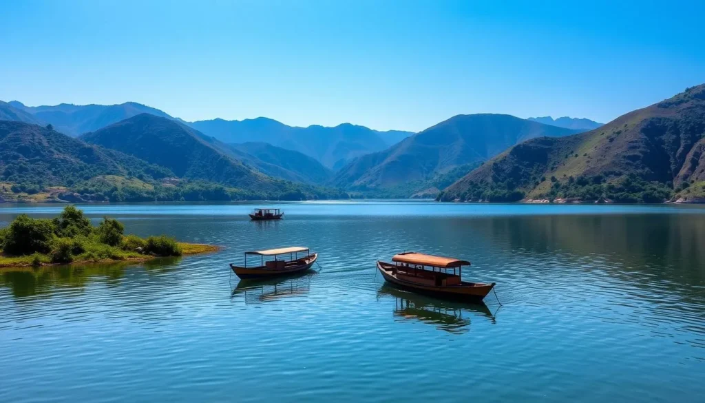 Peaceful scene at Mount Abu with Nakki Lake surrounded by green hills and traditional boats