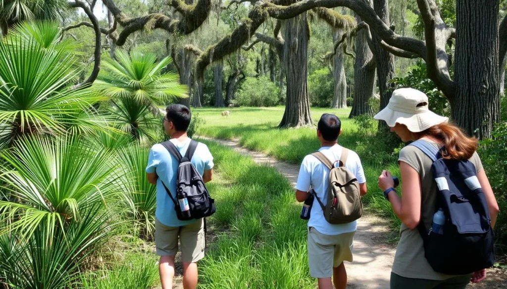 Peaceful scene at Palmetto Island State Park Louisiana showing proper nature etiquette with visitors staying on trails Peaceful scene at Palmetto Island State Park Louisiana showing proper nature etiquette with visitors staying on trails