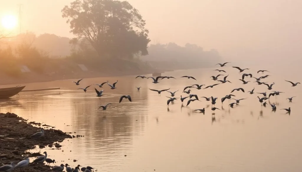 Peaceful scene at Yamuna River in Delhi with birds and natural surroundings