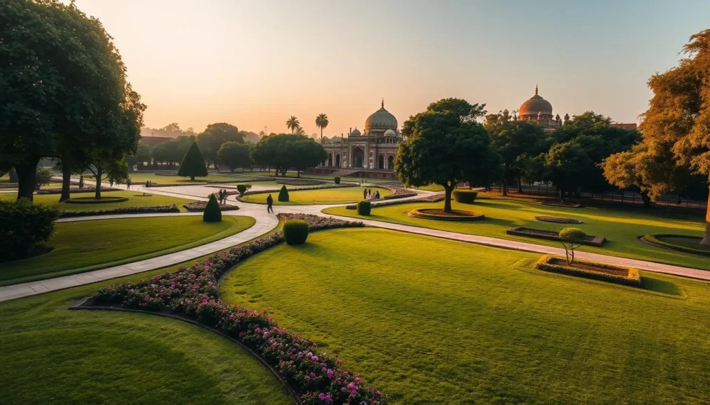 Peaceful scene in Lodhi Gardens with historic tombs surrounded by lush greenery and walking paths