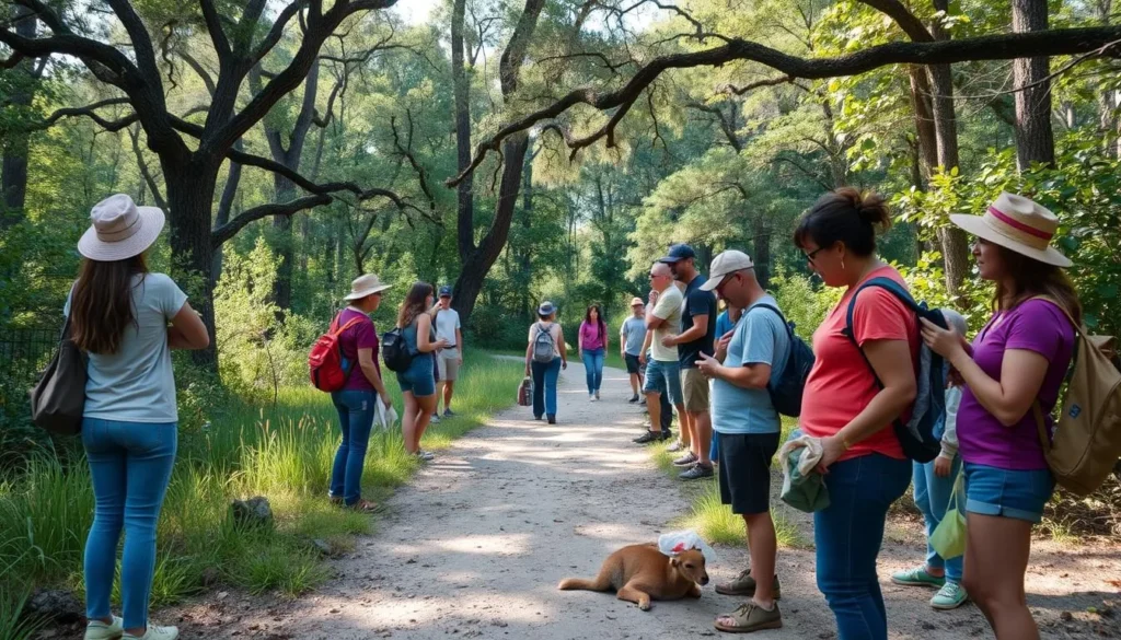 Peaceful scene of visitors respecting nature at Chemin-A-Haut State Park Louisiana