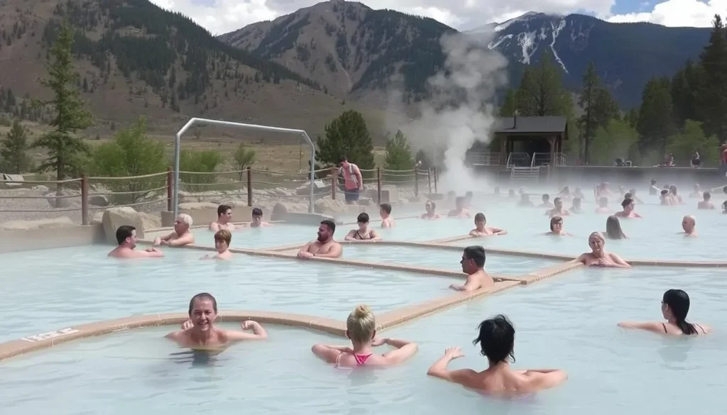 Peaceful soaking area at Iron Mountain Hot Springs showing quiet zone