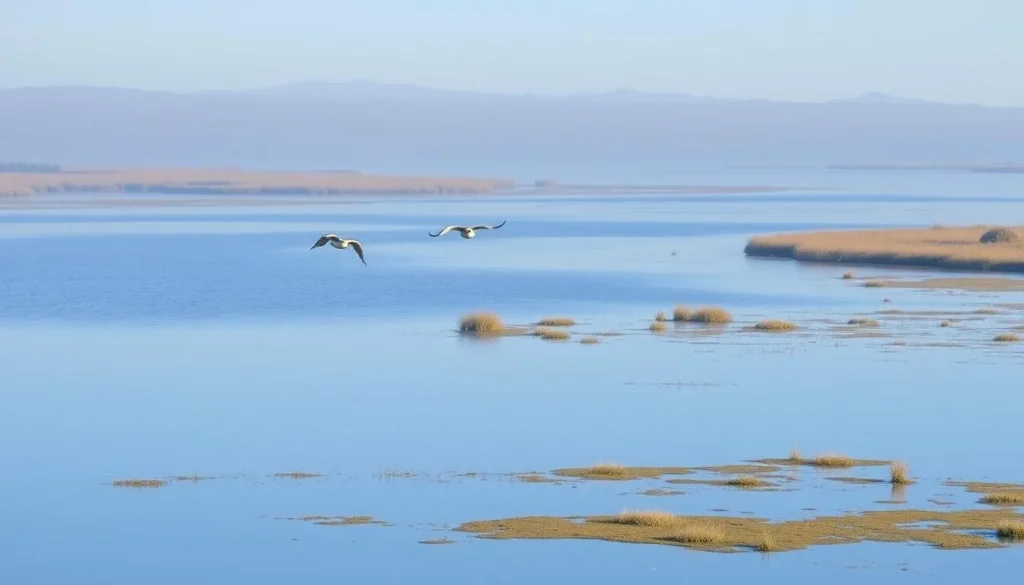 Peaceful view of Lake Earl with birds in flight and surrounding wetlands Peaceful view of Lake Earl with birds in flight and surrounding wetlands