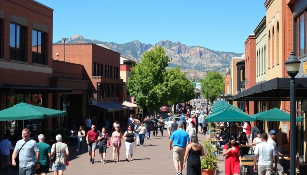 Pearl Street Mall in nearby Boulder, Colorado with Flatirons mountains in background Pearl Street Mall in nearby Boulder, Colorado with Flatirons mountains in background