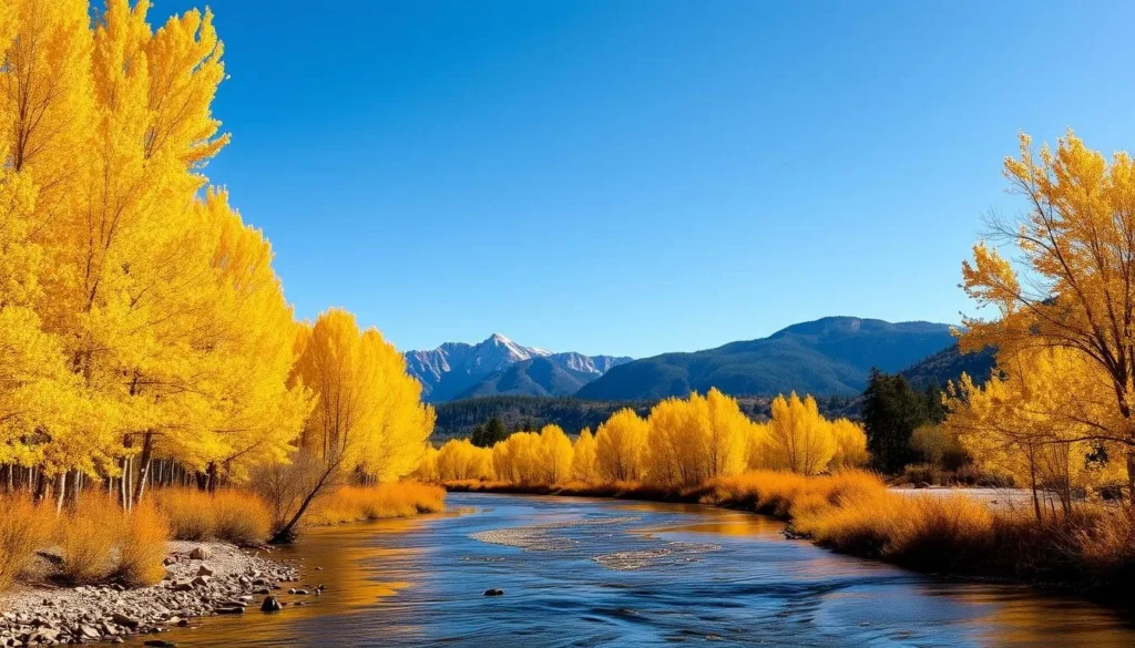Pecos River in autumn with colorful aspen trees lining the banks and mountains in the background Pecos River in autumn with colorful aspen trees lining the banks and mountains in the background
