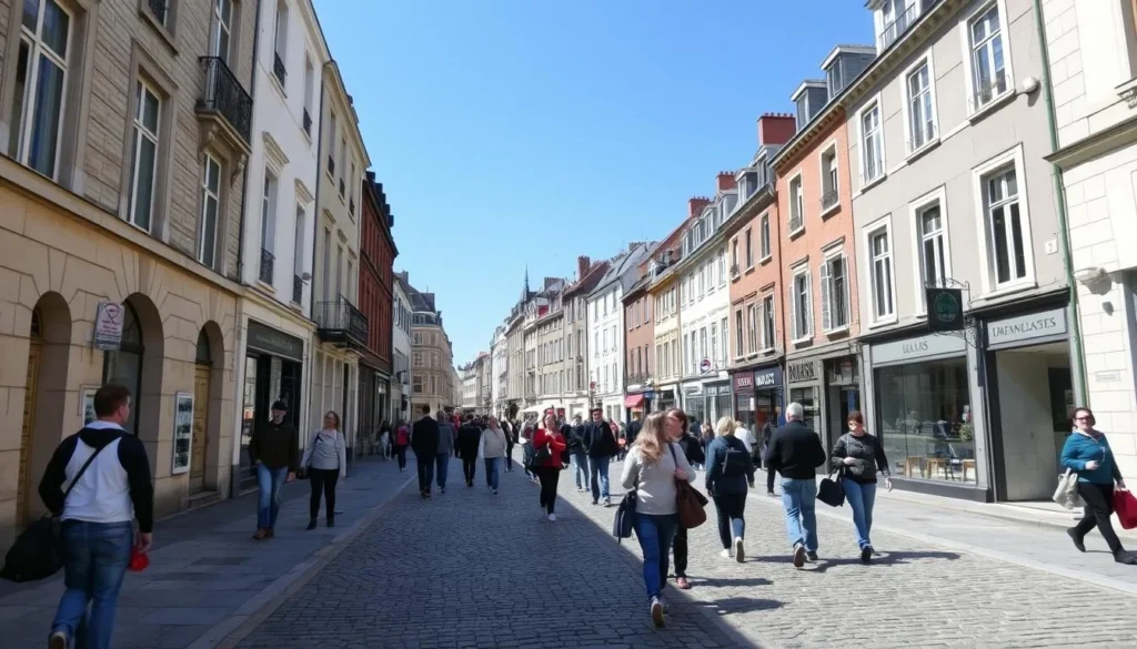 Pedestrians walking along a street in Calais city center with historic buildings