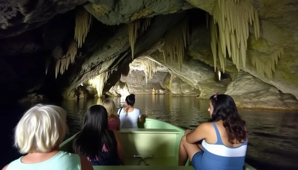 Penn's Cave boat tour with visitors exploring the limestone cavern with dramatic stalactites and stalagmites Penn's Cave boat tour with visitors exploring the limestone cavern with dramatic stalactites and stalagmites