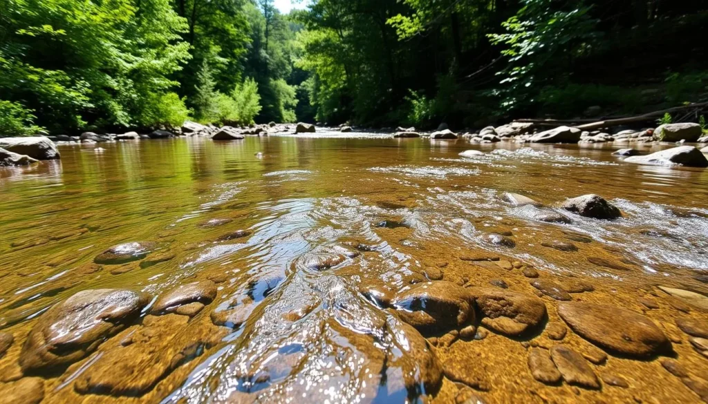 Penn's Creek in Seven Mountains Pennsylvania with clear flowing water surrounded by lush forest Penn's Creek in Seven Mountains Pennsylvania with clear flowing water surrounded by lush forest