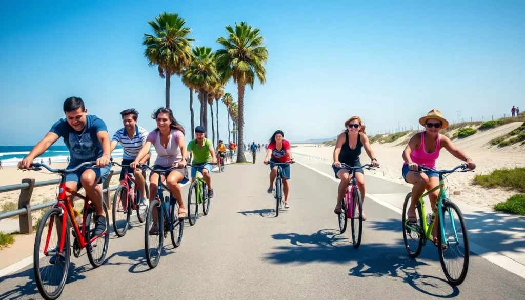 People biking along the Marvin Braude Bike Trail at Santa Monica State Beach People biking along the Marvin Braude Bike Trail at Santa Monica State Beach