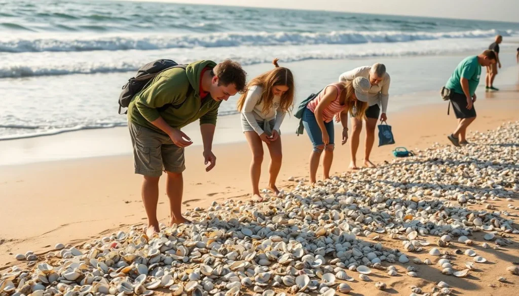 People collecting seashells along the shoreline at Silver Strand State Beach People collecting seashells along the shoreline at Silver Strand State Beach
