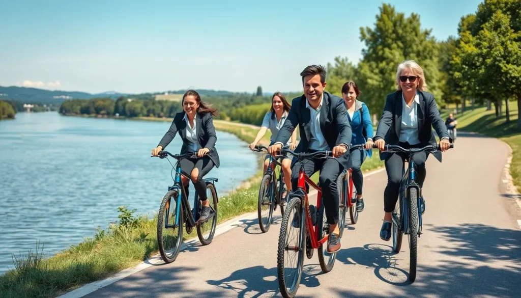 People cycling along the scenic Danube bike path near Ulm on a sunny day