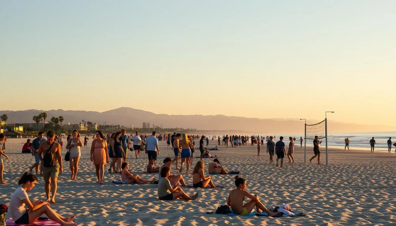 People-enjoying-Santa-Monica-State-Beach-during-sunset-with-perfect-weather-conditions People enjoying Santa Monica State Beach during sunset with perfect weather conditions