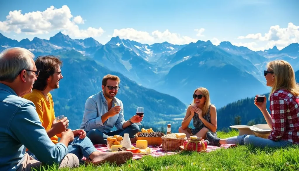 People enjoying a picnic with Swiss Alps view