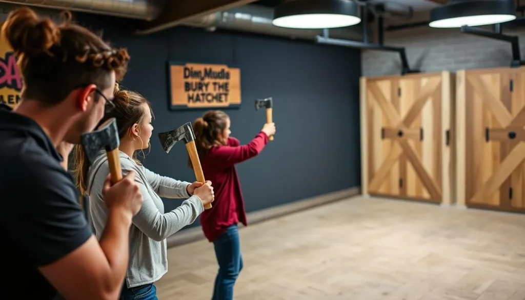 People enjoying axe throwing at Bury The Hatchet in King of Prussia People enjoying axe throwing at Bury The Hatchet in King of Prussia