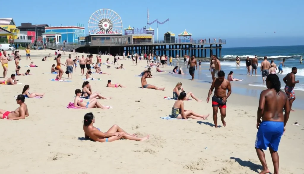 People enjoying beach activities near Santa Cruz Beach Boardwalk with the amusement park visible in the background People enjoying beach activities near Santa Cruz Beach Boardwalk with the amusement park visible in the background