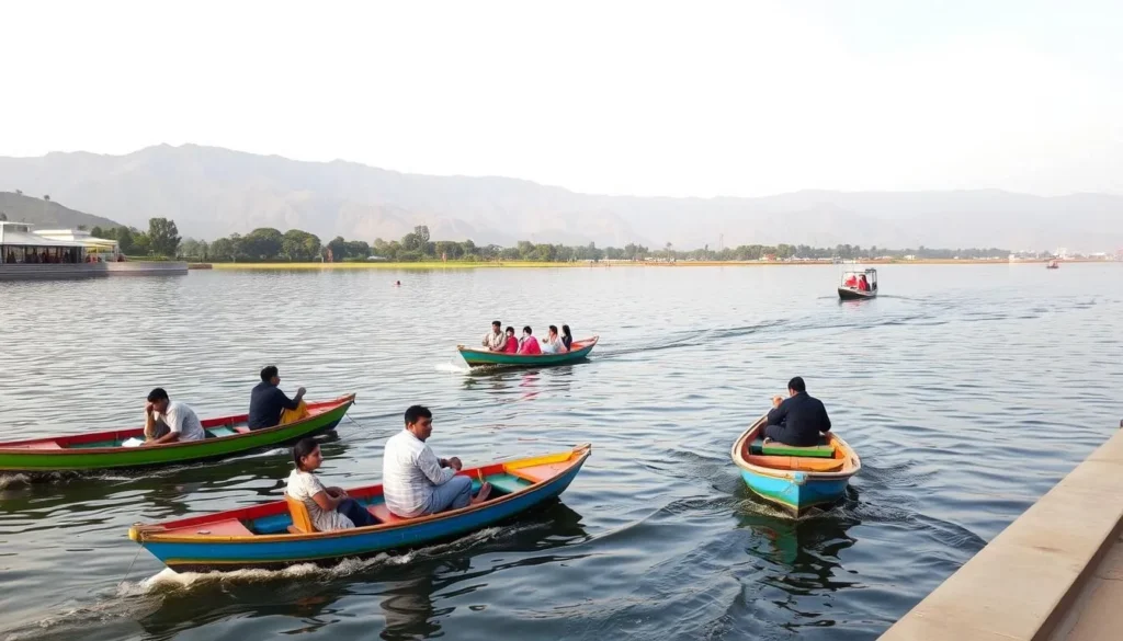 People enjoying boating on Sukhna Lake with the Shivalik Hills in the background People enjoying boating on Sukhna Lake with the Shivalik Hills in the background