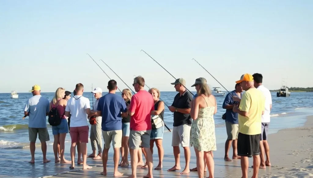 People enjoying fishing at Fourchon Beach Louisiana with boats in background People enjoying fishing at Fourchon Beach Louisiana with boats in background