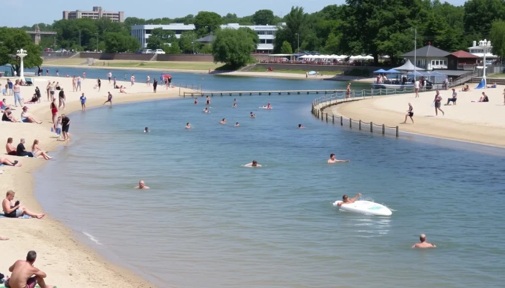 People enjoying summer activities on Samara's city beach along the Volga River